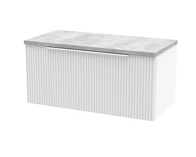 Hudson Reed DFF196LBG Fluted Modern Bathroom Wall Hung 1 Drawer Vanity Unit with Bellato Grey Laminate Worktop, 800mm, Satin White