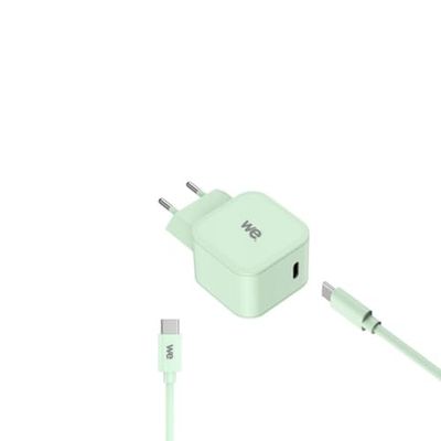 WE Pop Pack - Caricatore di rete + cavo USB-C/USB-C verde: caricatore di rete verde PD 20 W porta USB-C - cavo USBC-USBC 60 W 1 metro in silicone verde