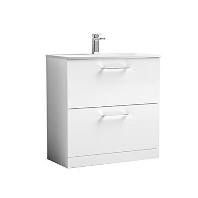 nuie ARN135G Arno Modern Bathroom Floor Standing 2 Drawer Vanity Unit with Curved Ceramic Basin, Gloss White
