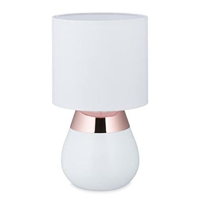 Relaxdays Lampada da Tavolo, Abat Jour Ovale con Funzione Touch, HxD 33 x 14 cm, E14, Paralume di Stoffa, Bianco Rame