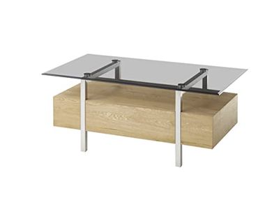 Robas Lund Soffbord i ek, fanerad ek, vardagsrumsbord med glas och låda, B x HxD 110 x 45 x 60 cm