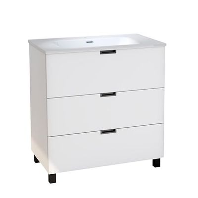 Baikal Mueble de Baño Tail. Conjunto de Baño de 3 Cajones con Patas, Apertura Mediante Triple uñero. Incluye Lavabo Cerámico. Mueble de Fondo de 46cm. Mueble MONTADO. Sin Espejo 80 cm Blanco