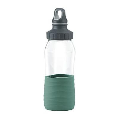 Emsa Botella de cristal Drink2Go N31011 | Capacidad: 0,5 litros | Tapón de rosca | 100% denso/higiénico/puro, manguito de silicona | verde petróleo