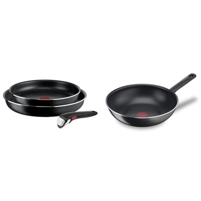 Tefal Ingenio Lot de 2 poêles 24/28 cm + poignée amovible, Non induction, Revêtement antiadhésif & Day By Day On Poêle Wok 28 cm, Non induction, Revêtement antiadhésif, Fonction Thermo-Signal