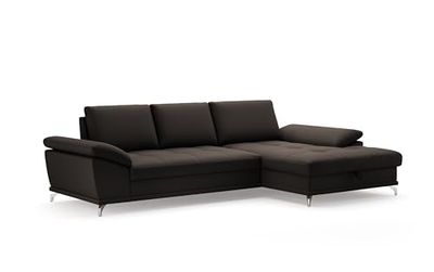 CAVADORE Sofá esquinero Castiel con muelles/Sofá esquinero con Silla Larga Grande, Altura del Asiento Regulable y Patas de Metal Negro Mate, 301 x 89 x 176 cm, Piel auténtica, Color marrón Oscuro