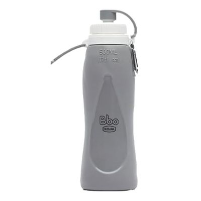 Irisana - Botella de Agua - 500 ml - Gris - Plegable - 11 x 6 x 10,5 cm - De Silicona y con Mosquetón - Ideal Camping, Gimnasio y Colegio - Modelo Bbo