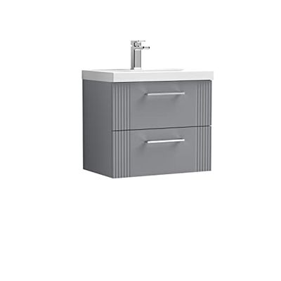 nuie DPF293A Deco Modern Bathroom Wall Hung 2 Drawer Part Fluted Vanity Unit with Mid-Edge Ceramic Basin, Satin Grey
