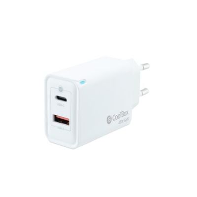 CoolBox Oplader USB C + USB A 45 W met GAN-technologie, QuickCharge 3.0 + PowerDelivery, compatibel met iPhone/iPad/Galaxy/Xiaomi, ultracompact formaat, wit