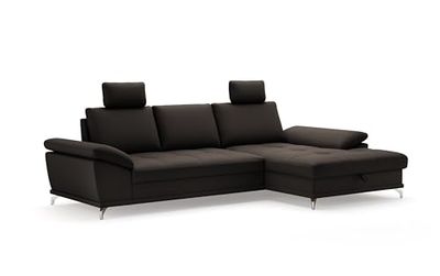Cavadore Castiel Canapé d'angle à ressorts avec grande chaise longue, réglage de la profondeur d'assise, appuie-têtes et pieds en métal noir mat, 301 x 89-114 x 176 cm, en cuir véritable, marron foncé
