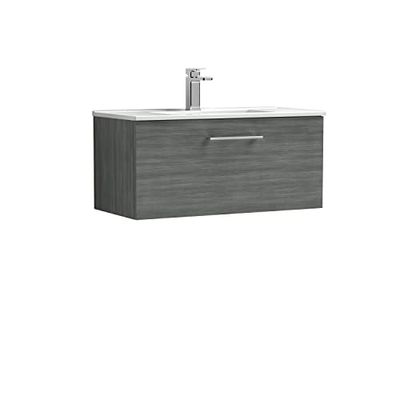 nuie ARN525B Arno Modern Bathroom Wall Hung 1 Drawer Vanity Unit with Minimalist Ceramic Basin, 800mm, Woodgrain Anthracite