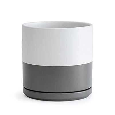 D'vine Dev Ceramic Planter Pot with Drainage Hole and Saucer, Indoor Cylinder Round Planter Pot, 8 Inch, White/Speckled Grey, 94-O-M-6