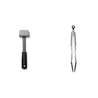 OXO Good Grips Meat Tenderiser, Black & 1101980 Good Grips Locking Tongs with Silicone Heads, Black, 12 inch