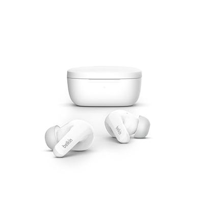 Belkin SOUNDFORM Flow True Wireless Earbuds met actieve ruisonderdrukking, Bluetooth-koptelefoon, draadloos opladen, IPX5 zweet- en waterbestendig, 31 u. afspeeltijd voor iPhone, Galaxy, Pixel - Wit