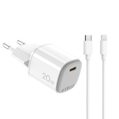 Celly, Caricatore USB-C con Cavo Lightning Incluso, Caricabatterie Portatile da 20W con Tecnologia GaN