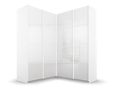 Rauch Möbel Quadra Armoire d'angle à Portes coulissantes Blanc/Blanc Brillant 4 Portes avec 2 tringles à vêtements, 12 étagères, 181 x 229 x 187 cm