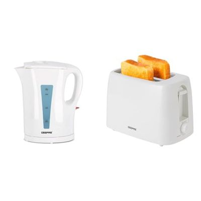 Geepas Electric Kettle & 2 Slice Bread Toaster Kitchen Combo Set | 2200W 1.7L Cordless Jug Kettle Boil Dry Protection & Auto Shut Off | 650W 6 Level with Browning Control & Crumb Tray | White