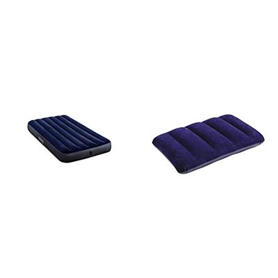 Intex 64758 Materasso Piazza e Mezza Classic Downy in Fiber Tech 137X191X25 cm & 68672, Cuscino Camping Unisex - Adulto, Blu, 43x28x9 cm, lega di acciaio