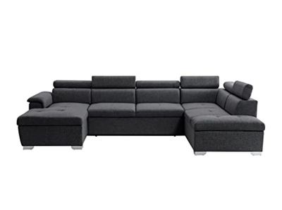 LOUNGITUDE - Canapé panoramique Convertible 2 coffres en Tissu - Gris foncé - 6 Places