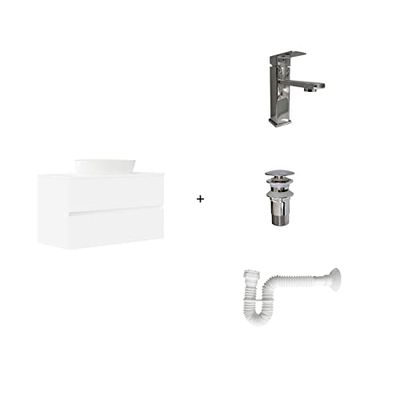 Baikal Pack solución Completa. Incluye: Mueble de Baño, Lavabo cerámico, Grifo, Sifón Extensible y Válvula de desagüe. Mueble MONTADO. Entrega Todo en uno. 2 Cajones Sin Espejo 90 cm Blanco