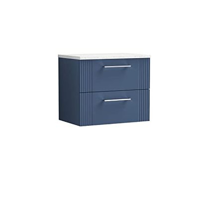 nuie DPF393LSW Deco Modern Bathroom Wall Hung 2 Drawer Part Fluted Vanity Basin Unit with Laminate White Sparkle Worktop, 600mm, Satin Blue