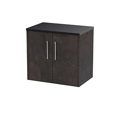 Hudson Reed JNU2623LSB Juno Modern Bathroom Wall Hung 2 Door Countertop Vanity & Laminate Worktop, 600mm, Matt Metallic Slate/Sparkle Black