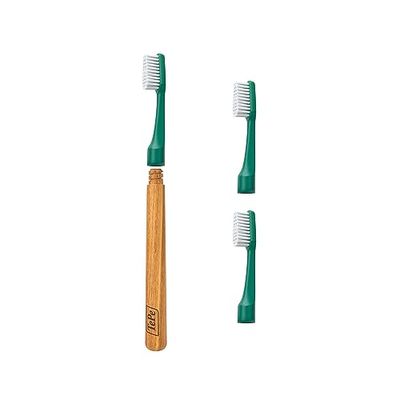 Spazzolino TePe Choice, morbido, verde, 1 manico in legno e 3 testine, spazzolino con setole morbide, ottimo per la pulizia dei denti e la rimozione della placca