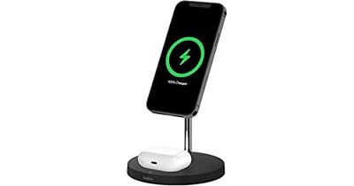 Belkin Caricabatteria wireless 2 in 1 con MagSafe. (Ricarica rapida da 15 W per iPhone 14, iPhone 13, iPhone 12, AirPods e altri dispositivi con MagSafe, alimentatore incluso) - Nero