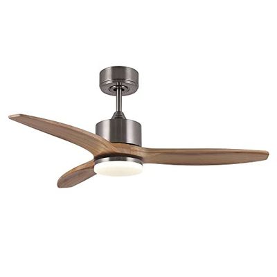 Ventoinha de teto com luz LED Nare cor níquel. Controlo remoto incluído. 3 pás de madeira. 6 velocidades. Função verão-inverno. LED integrado. Ø 106,5 cm.