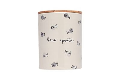 Pearhead Bone Appetit Treat Jar, Holds 4 Cups, Ceramic and Wood Pet Treat Canister, Neutral Modern Kitchen Decor, Pet Accessories, Dog Biscuit Storage Jar, Freshness Seal