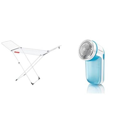Vileda Extra X-Legs Clothes Airer, Indoor Clothes Drying Rack with 20m Washing Line, White & Philips Fabric Shaver GC026/00, Blue