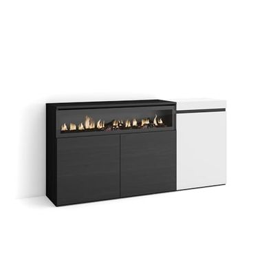 Skraut Home | Credenza, Mobile, Cucina | Madia, mobile ingresso | 150x75x35cm | 3 Porte | Camino elettrico | Stile moderno | Bianco e nero
