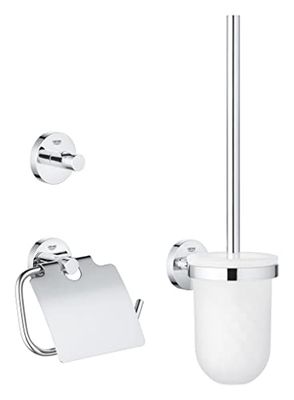 Grohe Start QuickFix - Set de accesorios 3-en-1, cromo, Portarollos con tapa, colgador individual y set escobillero, para pegar (pegamento QuickGlue A1) o atornillar, ref. 41204000