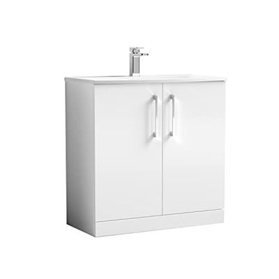 nuie ARN105G Arno Modern Bathroom Floor Standing 2 Door Vanity Unit with Curved Ceramic Basin, Gloss White
