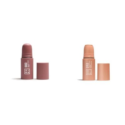 3INA MAKEUP - The No-Rules Stick 503 + The No-Rules Stick Highlighter 312 - Nude Blush Matte and Highlighter Rose Gold for Sensitive Eyes Lips & Cheeks with Hyaluronic Acid - Vegan - Cruelty Free