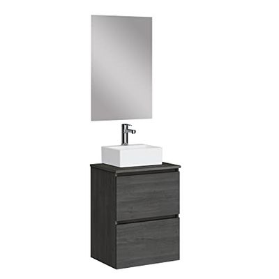 Baikal Mueble de Baño Onyx con Fondo Reducido. Mueble Suspendido en Pared Incluye Lavabo cerámico sobre encimera. Mueble Montado. con Espejo 50 cm Fondo 39, 2 Cajones Roble Azabache