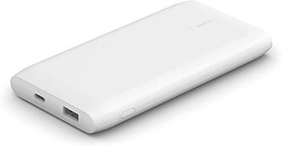 Belkin 10000mAh power bank, USB-C Power Delivery fast charging portable charger with 18W USB-C and 12W USB-A ports, 10K travel battery pack for Samsung Galaxy, Pixel, iPhone, iPad, tablets – White