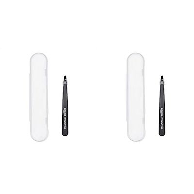 AmazonCommercial Professional Stainless Steel Slant Tip Tweezers, Eyebrow Tweezers for Your Daily Beauty Routine, Black (Pack of 2)