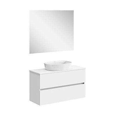 Baikal Mueble de Baño Onyx. Mueble MONTADO, Mueble 2 cajones. Mueble Baño con Lavabo. Mueble Suspendido. Armario de Pared. Lavabo Cerámico. Incluye Espejo. 100cm Blanco.
