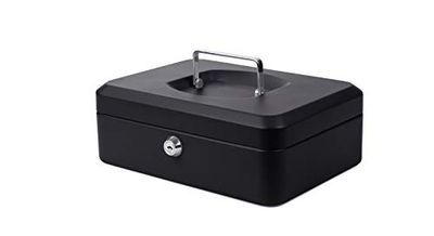 Pavo - Caja de dinero de metal de 25 x 18 x 9 cm pulgadas con 2 llaves y bandeja de cambio extraíble, color negro