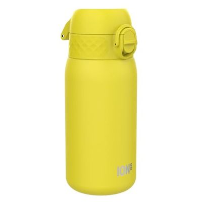 Ion8 Gourde Enfant, Inox Léger, 400ml, Non Isolé, Anti-Fuite, Facile à Ouvrir, Verrouillage Sécurisé, Lavable au Lave-Vaisselle, Poignée de Transport, Acier Inoxydable, Jaune
