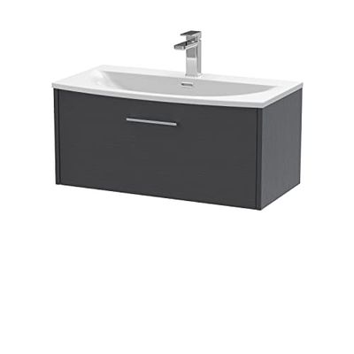 Hudson Reed JNU2225G Juno Modern Bathroom Wall Hung Single Drawer Vanity with Curved Ceramic Basin, 800mm, Woodgrain Graphite Grey