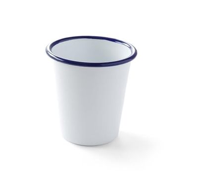 HENDI Bicchiere in acciaio smaltato bianco, con bordo blu, per colazione e bevande calde e fredde, da caffè, da birra, da whisky, per campeggio, escursioni e picnic, da viaggio, 0,3L, ø90x(H) 90mm