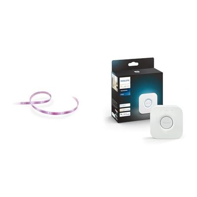 Philips Hue Lightstrip Plus 2 meter: LED-ljusslinga för inomhusbruk, startpaket med nätaggregat & Philips Hue Bridge: kontrollenhet för Philips Hue smart belysning, ZigBee