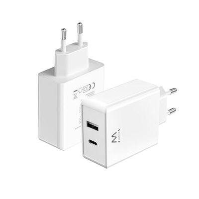 USB C-laddare, Ewent laddare för iPhone 15/14/13/12/11/Pro/Max/Mini/SE/X/XR/XS/8/7, iPad Pro/Air, Air/Pods Pro, Samsung Galaxy Note, Huawei, XiaoMi etc., 2-portar, 45 W, QC3.0 GaN snabbladdare