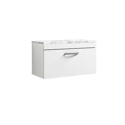 nuie ATH062LCM Athena Modern Bathroom Wall Hung Single Soft Close Drawer Vanity Unit and Carrera Marble Laminate Worktop, 800mm, Gloss White