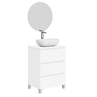 Baikal Neo, Mélamine 16 mm céramique Miroir Meubles de Salle de Bain avec lavabo, Blanc, 60