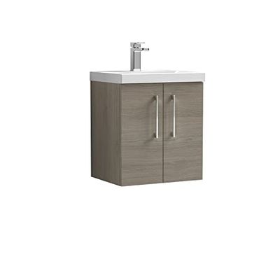 nuie ARN2521D Arno Modern Bathroom Wall Hung 2 Door Vanity Unit with Thin-Edge Ceramic Basin, Solace Oak