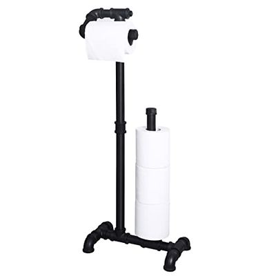 HouseAid Portarrollos de Papel higiénico de pie Industrial para baño, Soporte de Papel higiénico de Hierro rústico con Reserva, Estilo Vintage, Negro Mate