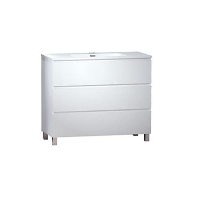 Baikal 280034105 LESI 280034105-Mobile Gambe, Luce LED, Tre cassetti, Misure 100 x 76 x 46 cm, Colore Bianco Opaco, Melammina 16 mm Ceramica Mobile Bagno con lavabo e Specchio, 100 cm