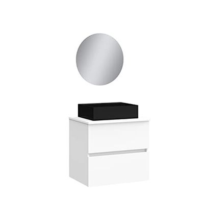 BAIKAL Mueble de Baño Onyx Black, 2 cajones, suspendido en Pared, con Lavabo cerámico en Negro Mate. Melamina 16mm. Mueble MONTADO. Lavabo Rectangular/con Espejo 70 cm Blanco